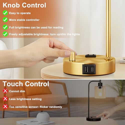 Innqoo Industrial Table Lamps for Bedroom Set of 2 - Fully Dimmable Bedside Lamps with USB Ports and Outlet, Gold Nightstand Lamps with Opal Glass Shade for Living Room, Desk Lamps for Office Reading - color: Opal Glass&Gold Base
