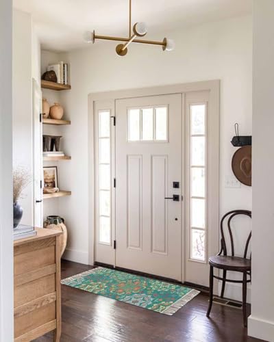 Green Boho Kitchen Runner Rug 2' x 4', Shabby Vintage Ethnic Abstract Floral Art Washable Rug with Tassels, Non Slip Woven Cotton Bathroom Rugs Hallway Carpet for Foyer Bedroom Entry Back Door Decor - color: Teal, size: 2' x 4' (Rectangular)