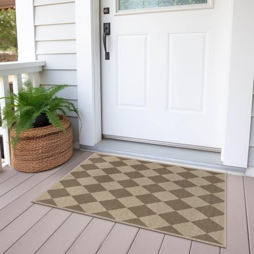 Rugalia Easy Jute Checkered Entryway Rug, 2x3 Brown Modern Indoor Outdoor Doormat, Washable Non-Slip Neutral Small Kitchen Rug Farmhouse Diamond Throw Rugs for Entrance Bedroom Bathroom - color: Brown Checkered, size: 2' x 3' (Rectangular)