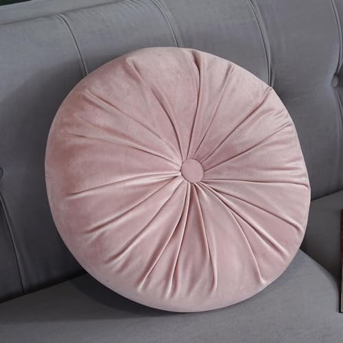 Round Throw Pillow, 13.7 Inch Soft Solid Color Dutch Velvet Home Decoration Pleated Round Pillow Floor Cushion for Sofa Couch Chair Bed Living Room, Pink - color: Pink