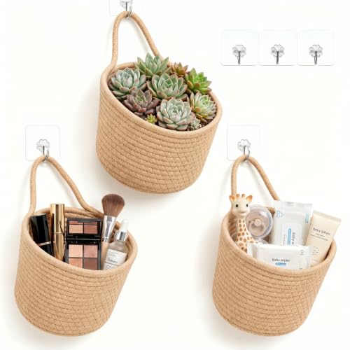 Khaki Cotton Rope Storage Baskets 3 Pack with Adhesive Hooks | 6.3"×6.3", Wall & Desktop Hanging, Nursery Organizer, For Plants, Keys, Office Supplies & Makeup - color: Khaki