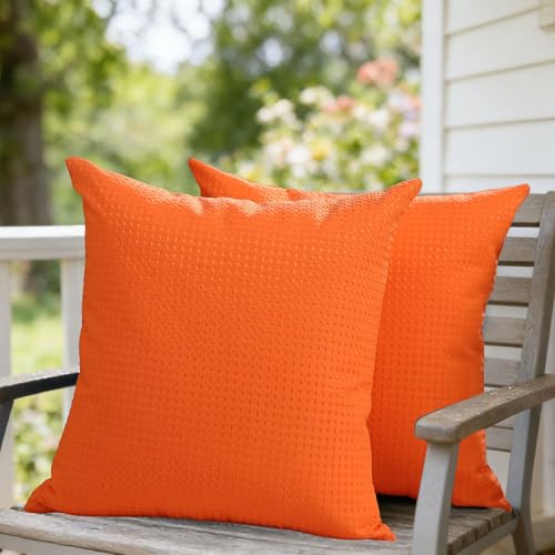 DFXSZ Outdoor Pillow Covers 18X18 Inch Set of 2 Orange Waffle Textured Polyester Pillow Covers Spring Summer Outdoor Waterproof Decor for Patio Furniture Garden 025E18 - color: Orange, size: 18" x 18" (Pack of 2)