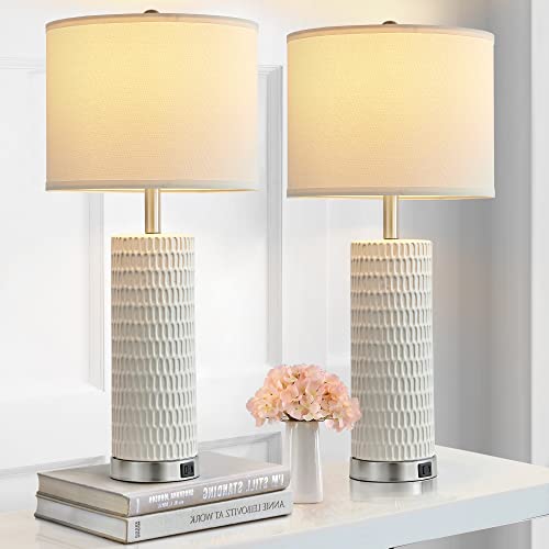 Reaketon 26.5" Ceramic Table Lamp Set of 2, 3 Way Dimmable Touch Control Table Lamp with 2 USB Charging Ports for Bedroom Living Room, Modern Nightstand Lamp End Table Lamps, Bulbs Included - color: White Shade & Silver Base