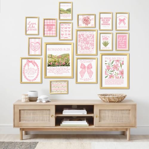 ANERZA 16 PCS Christian Coquette Wall Art Decor, Pink Bow Bible Verses Gallery Wall Prints for Bedroom Nursery, Jesus Posters for Living Room Aesthetic, Scripture Preppy Dorm Collage Kit for Girls Kids - color: LightPink, size: 11"x14" Unframed