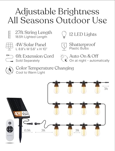 Brightech Ambience Pro 27-Ft Solar String Lights for Outside - Super Bright Remote Control Color Adjustable Outdoor String Light - Commercial Grade String, Waterproof LED for Patios, Camping, 12 Bulbs - color: Super Bright +, size: 27 Feet
