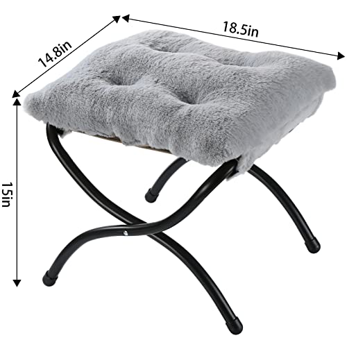 15" Foldable Foot Stool Ottoman with Metal Frame - Washable Faux Fur Grey Upholstered Indoor/Outdoor Footrest for Living Room, Bedroom, Patio - Space-Saving Compact Design - color: Fleece-grey