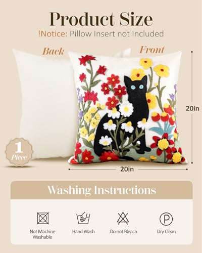 Embroidered Throw Pillow Cover - 20x20 Decorative Pillow Cover with Zipper Aesthetic Cute Design Boho Spring Summer Throw Pillowcase for Living Room Couch Sofa Bed, Flower Cats - color: Flower Cats, size: 20" x 20" (Pack of 1)