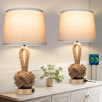 vallerico 22" Rope Lamps for Night Stands, Bedside Lamps Set of 2, 3-Color Temperatures Boho Lamp with Rotary Switch, Table Lamps for Living Room Bedroom, Rattan Lamp with USB Ports, Bulbs Included