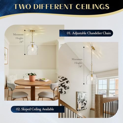 Modern Gold Pendant Light – 10" Dome Glass Hanging Light Fixture, Single E26 Pendant Lighting for Kitchen Island, Dining Room, Bedroom, Hallway, Adjustable Ceiling Lamp - color: Gold-Medium