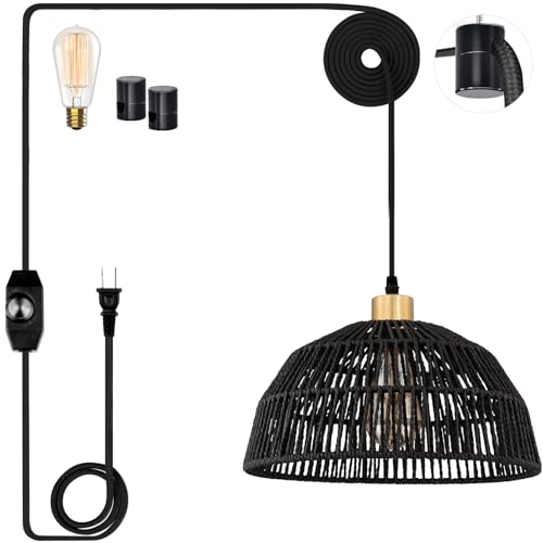 Cinkeda Plug in Pendant Light, Hanging Lights with 15ft Cotton Cord & Stepless Dimming Switch, Handwoven Hemp Rope Lampshade, Black Rattan Lamp for Dining Room,Hallway - color: Black Rattan 11.8"
