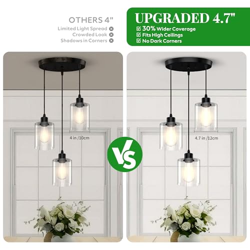 3 Light Pendant Lighting, Farmhouse Hanging Light Fixture for Kitchen Island & Dining Room, Industrial Vintage Ceiling Lamp with E26 Base, Adjustable Height, with Clear Glass 4.7" Shades - color: Round Base – Glass Pendant