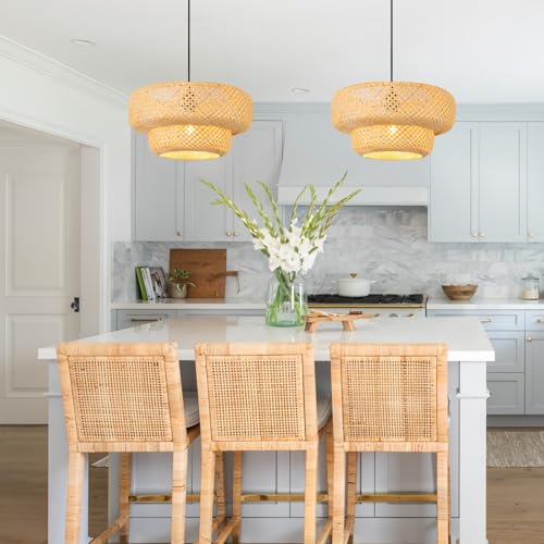 Bamboo Pendant Light 17.72" Wicker Chandelier Handmade Rattan Dining Room Lights Farmhouse Hanging Lighting Fixture for Kitchen Island Bedroom Living Room Hallway Coffee Restaurant - color: Beige-17.72IN