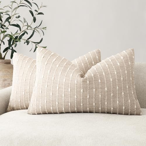Foindtower Pack of 2 Decorative Jacquard Boucle Lumbar Throw Pillow Covers Accent Textured Striped Pillowcases Cozy Boho Cushion for Couch Sofa Bedroom Living Room Home Decor 12x20 Inch Natural Beige - color: Natural Beige, size: 20" x 12" (Pack of 2)