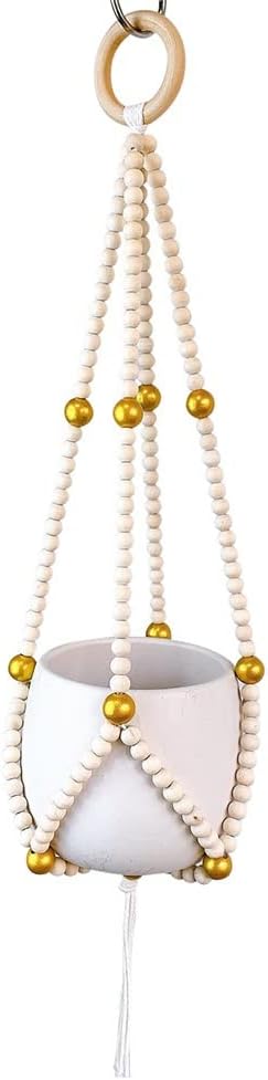 Ochine Macrame Plant Hanger Indoor Hanging Planter Basket Wood Beads Decorative Boho Flower Pot Holder with Round Hooks for Indoor Outdoor Boho Home Decor Handmade Bead Hangers (Not Included Pot)