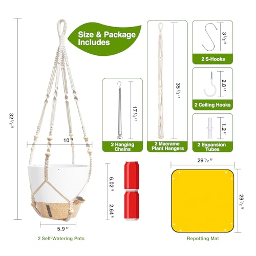 LEWESU Set of 2 Hanging Planters for Indoor Plants with Self Watering Includes Hanging Pots and 2 Types Plant Hangers, Outdoor Hanging Baskets Holder for Home Garden, 10 Inch Oyster White - color: Oyster White
