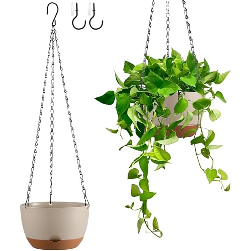 Set of 2 Hanging Planters for Indoor Outdoor Plants, 8 Inch Self-Watering Hanging Flower Pots with Drainage Hole & Removable Water-Storage Tray (Hooks) - color: Beige, size: 8 Inch (S)