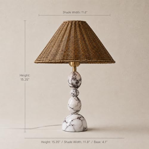 Calacatta Marble Table Lamp with Hand-Woven Rattan Shade, Vintage Stone Lamp with 3 Color Temperatures, Luxury Light for Bedroom Living Room - size: 15.3in