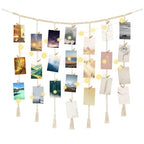 Macrame Hanging Photo Display with String Lights,Boho Wall Decor Picture Card Frame Holder with 45 Clips for Teen Room, Beach Room Decor, Hanging Photo Display with Clips