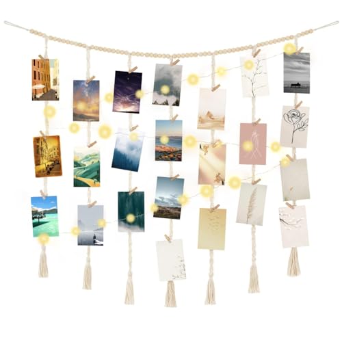 Macrame Hanging Photo Display with String Lights,Boho Wall Decor Picture Card Frame Holder with 45 Clips for Teen Room, Beach Room Decor, Hanging Photo Display with Clips