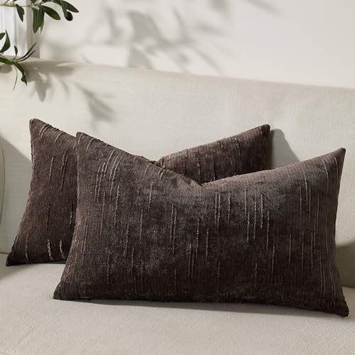 Set of 2 Summer Decorative Throw Pillow Cover 12x20, Solid Farmhouse Neutral Cushion Covers with Hidden Zipper, Soft Textured Throw Pillows for Bedroom Living Room Couch, Dark Brown - color: Dark Brown, size: 20" x 12" (Pack of 2)