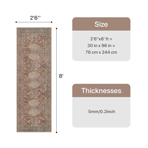 Bavni Washable Runner Rug 2’6”x8’, Non Slip Vintage Hallway Runner, Ultra Thin Low Pile Washable Carpet for Kitchen Entryway Bedroom, Brick - color: Brick, size: 2'6" x 8' (Rectangular)