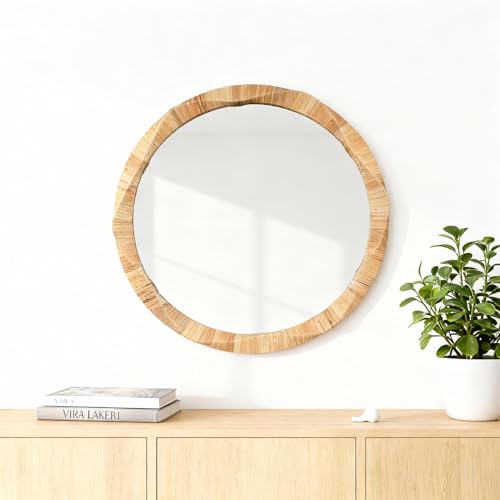 28'' Round Mirror with Irregular Twisted Rattan Frame, Boho Wall Mirror for Bedroom Living Room Entryway Decor (Natural Rattan)