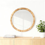 28'' Round Mirror with Irregular Twisted Rattan Frame, Boho Wall Mirror for Bedroom Living Room Entryway Decor (Natural Rattan)
