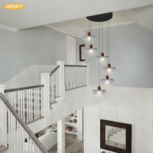 6-Light Blue Glass Flower Chandelier, Adjustable Height Staircase Pendant Light, Modern Mid Century Floral Hanging Ceiling Fixture for Living Room Dining Room Foyer Entryway - color: Blue, 6 Lights