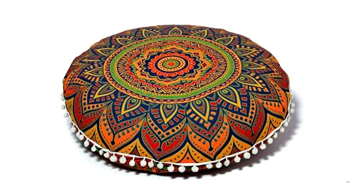 Round Mandala Floor Pillow Cover Seating Cushion Throw Cover Ottoman Pouf Cover Pom Pom Pillow Cases Hippie Decorative Bohemian Boho Indian 22 Inches (New Blue) - color: New Blue