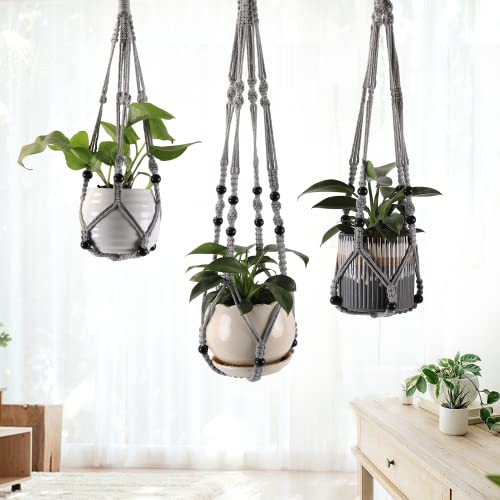 3-Pack Macrame Plant Hanger Indoor - Hanging Planter Basket for Indoor Outdoor - Decorative Boho Plant Holders Set with Beads - Ceiling Flower Pot Holder with 6 Hooks - 35"/30"/24" Gray - color: Gray