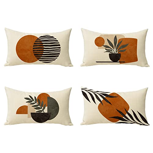 Boho Abstract Sunset Plant Olive Leaves Decorative Throw Pillow Covers Set of 4, Bohemian Geometry Line Pillowcase Decoration, Minimalist Modern Art Aesthetic Cushion Case Home Decor 12x20 - color: Boho Plant, size: 20" x 12" (Pack of 4)