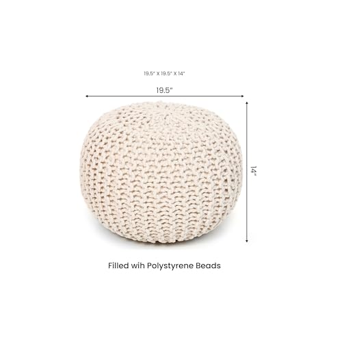 · REDEARTH · Round Pouf Ottoman - Cable Knitted Boho Poof - Home Décor Cord Pouffe Handmade Circular Footrest for Living Room - Bedroom - Kids Bedroom - 100% Cotton Pouf (19.5"x19.5"x14") - Natural - color: Ivory, size: 19.5"D x 19.5"W x 14"H