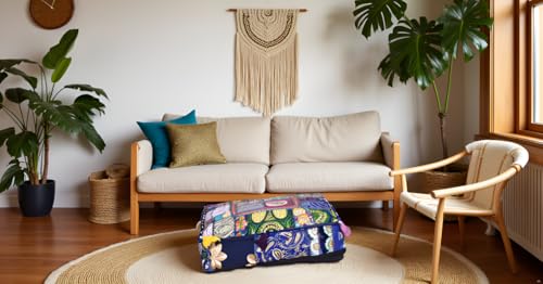 CRAFT KALA Indian Square Patchwork Traditional Pouf Cover Indian Living Room Poufs Decorative Embroidered Designer Ottoman Home Living Footstool Chair Cover Decor Pillow Cover 18x18x5 inches, Blue - color: Blue, size: 18"D x 18"W x 5"H