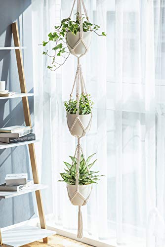 Mkono Macrame Plant Hanger 3 Tier Indoor Outdoor Hanging Planter Basket Cotton Rope with Beads 70 Inches (Pots and Plants NOT Included)