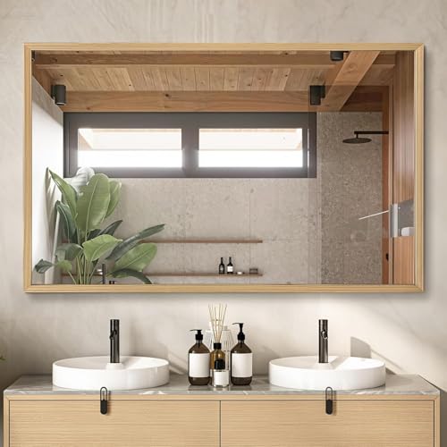 48"x30" Bathroom Mirror with Natural Wood Frame for Wall, Large Rectangle Vanity Mirror Rustic Farmhouse Decor Mirror, Anti-Rust Explosion-Proof, Hangs Horizontally or Vertically, Solid - color: Solid, size: 48"L x 30"W