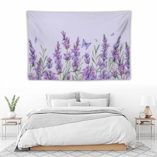 HZOHNAGO Lavender Flower Tapestry Watercolor Purple Floral Butterfly Pattern Printed Wall Tapestry Wall Hanging for Bedroom Living Room Dorm 60" W x 40" H - color: Lavender-10, size: 60"L x 40"W