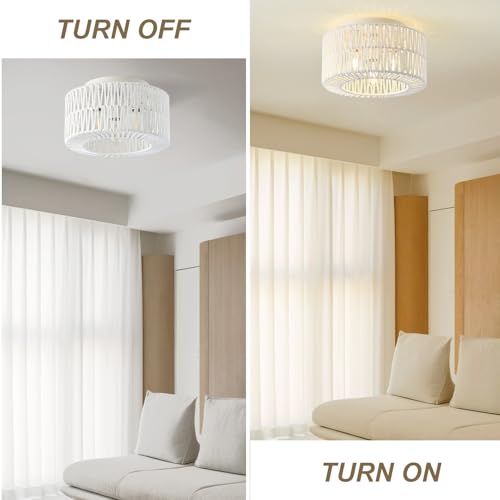 12.6" Rattan Flush Mount Ceiling Light Fixtures, 3-Light Boho Light Fixture Rattan Hand-Woven Chandelier Close to Ceiling Light Fixture for Bedroom Hallway Kitchen Dining Room Nursery(White) - color: 12.6”White