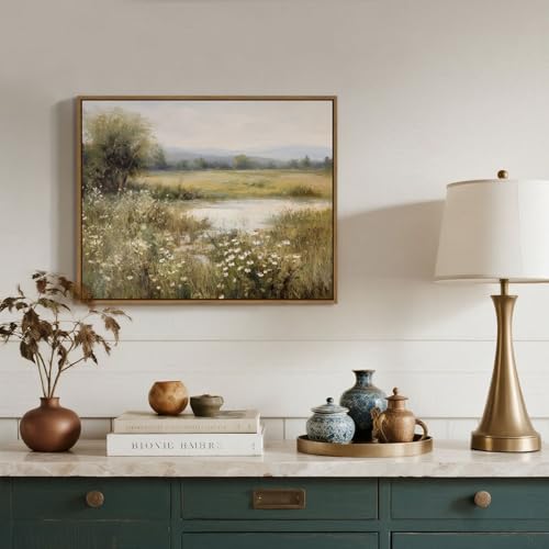Vintage Landscape Wall Art Spring Wildflower Field Pictures Wall Decor Rustic River Pond Painting Prints Nature Wilderness Scenery Poster Framed for Bedroom Bathroom Home Kitchen Decoration 8x10 Inch - color: Rustic Pond River, size: 10"L x 8"W