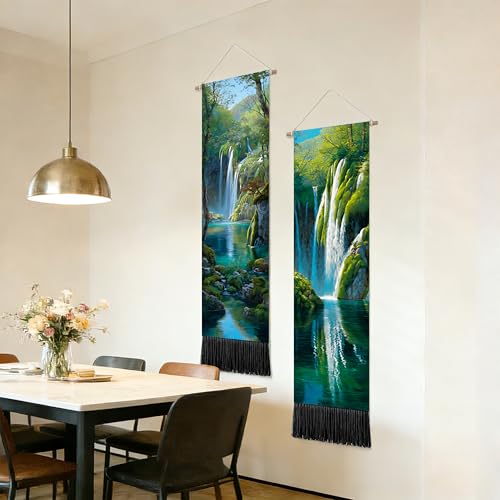 seewan 2 Pack Long Vertical Wall Tapestry, Boho Nature Landscape & Floral Aesthetic Wall Hanging for Bedroom Living Room Home Decor, Long Narrow Art Tapestry with Sunrise Mountain Botanical Designs, 13" × 51" (Waterfall Jungle Glow, 13"Wx51"H, Unframed) -