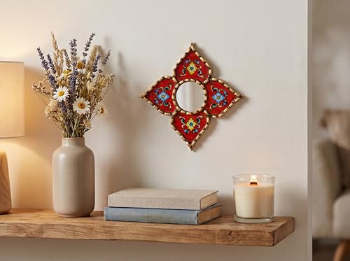 Handmade Peruvian Mirror - Reverse Painted Glass Mirror - Square or Diamond Shaped Wall Mirror with Bronze Leaf - Small Mirrors for Gallery Wall (Red) - color: Red