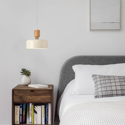 Modern Pendant Lighting,12 inch,Natural Wood and Brass Accent,Adjustable Pendant Light Fixtures for Kitchen Island,Dining Room,Soft Cream - color: Soft Cream