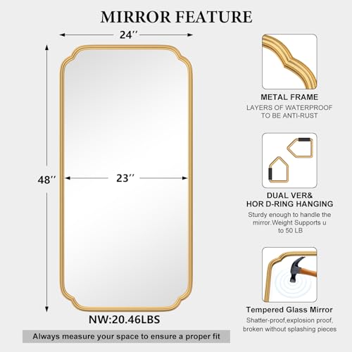 Ferytange Gold Wall Mirror 48 x 24 Inch Bathroom Vanity Mirror for Over Sink Modern Rounded Corner Rectangle Wall Mirror Decorative with Non-Rusting Iron Metal Framed (Horizontal/Vertical) - color: Gold, size: 48"L x 24"W