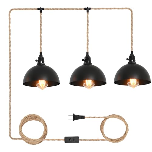 3 Light Hemp Rope Plug in Pendant Light Rattan Hanging Lights with Plug in Cord with Woven Lamp Shade, Hanging Lights with Plug in Cord Hemp Rope Hanging Lamp - color: 3 Light 7.8IN Pendant Light
