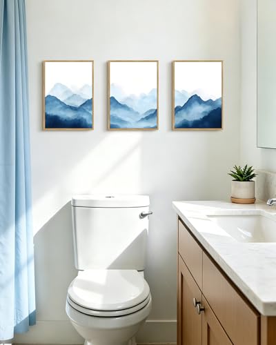 KUVIOKE Blue Watercolor Mountains in Fog Framed Wall Art Wilderness Nature Landscape Painting Rustic Scenic Relax Cool Home Decor 11x14in (Natural Framed) - color: Watercolor Mountain, size: 11 x 14in x 3 Panels Natural