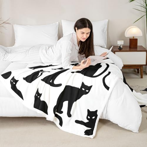 Feelyou Cat Throw Blanket Black Cat Soft Fleece Sherpa Cozy Fuzzy Plush Warm Cats Print Fuzzy Plush Throw Cute Kitten Twin 60"x80" Cats Lover's Gift for Bed Couch Living Room - color: Black White, size: Twin