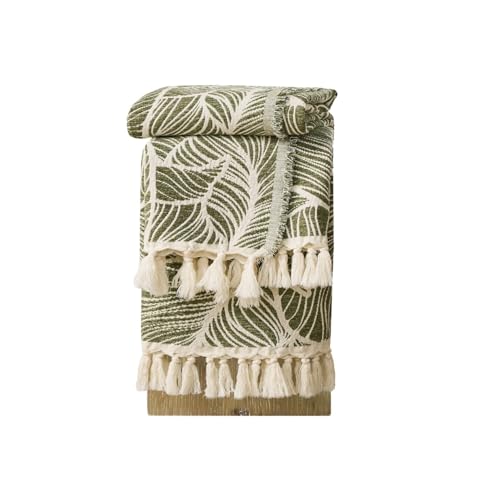 DOWN HOME Chenille Cotton Throw Blanket for Couch, Lightweight Boho Blanket for Bed Sofa Chair Living Room Outdoor Soft Woven Decorative Blanket with Tassel Gift Olive Leaves 50"x70" - color: Olive, size: 50"x70"