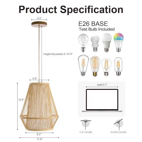 12 Inch Pendant Light, Hanging Ceiling Lamp with Handwoven Bamboo Basket Shade, Adjustable Pendant Fixture for Kitchen Island, Dining Room, Bedroom - color: NATURE