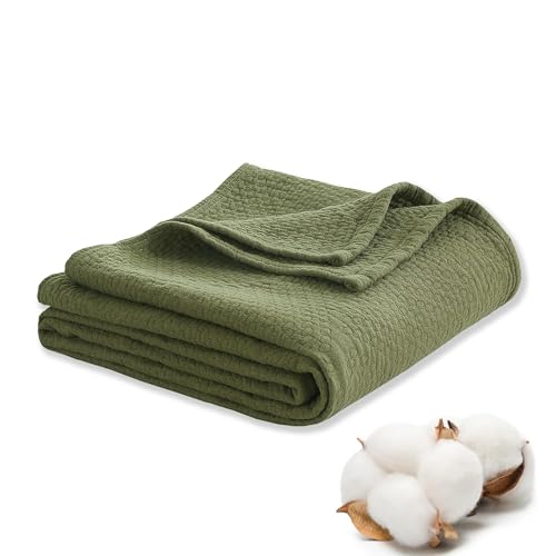 Premium 100% Cotton Blanket – All-Season Soft Breathable Bed Blanket for Throw Size – Lightweight Stylish Textured Throw for Bed– Giftable Cozy Bedding - color: Green, size: Throw (50"x60")