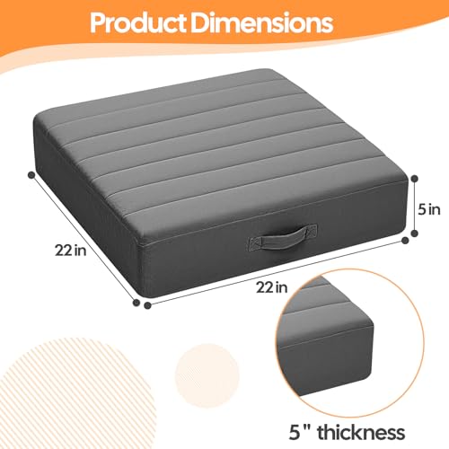MeMoreCool Square Floor Pillows for Adults Kids, 2 Sets Large Meditation Cushion with 5" Thick Foam and Washable Tufted Cover, 22 Inch Grey Seat Floor Cushions for Sitting and Yoga - color: Dark Grey, size: 22 Inch