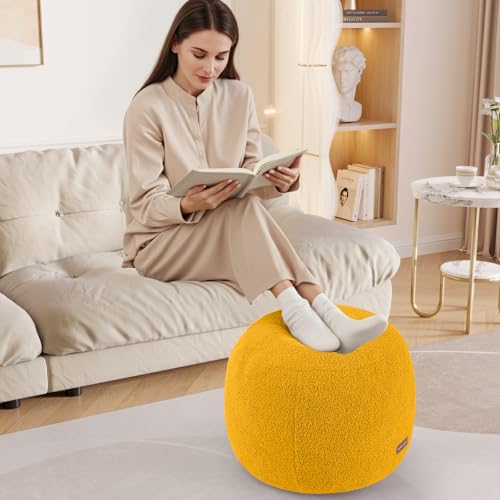 MeMoreCool Stuffed Round Pouf Ottoman Foot Rest, Floor Pouf Foot Stool with Soft Foam Chunk Filling, Small Round Ottoman Footstool Circle Footrest for Living Room, Yellow - color: Teddy Yellow